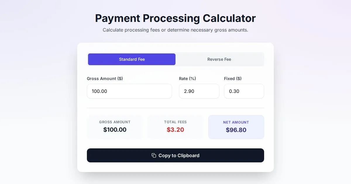 Free Online Payment Processing Fee & Reverse Fee Calculator