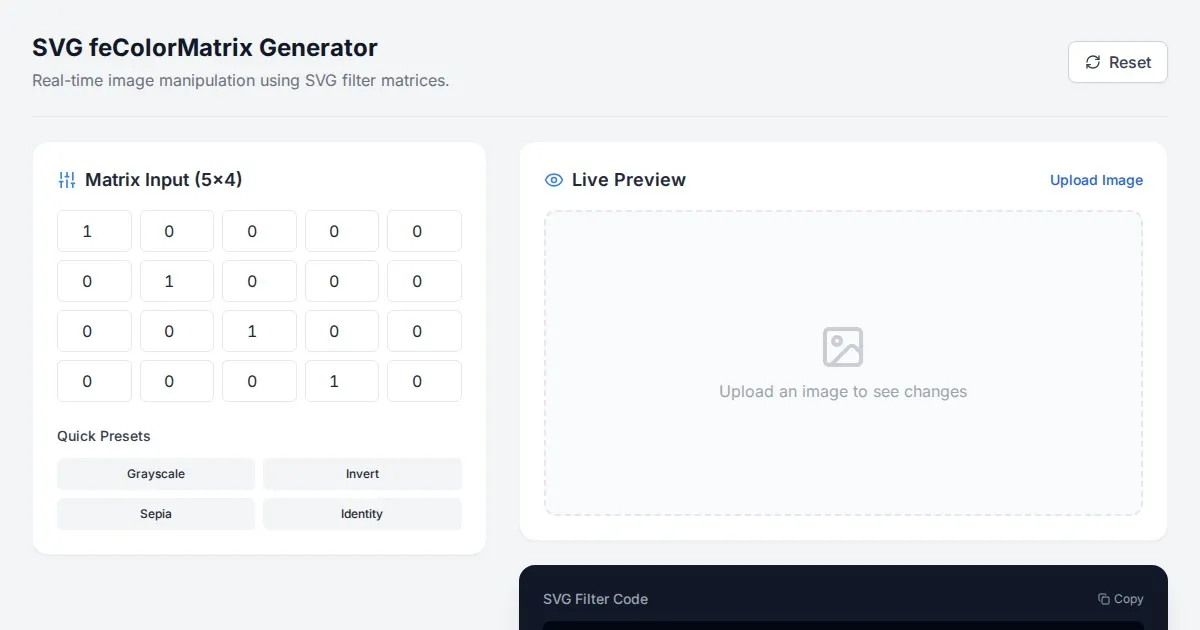 Free SVG feColorMatrix Image Filter Generator & Previewer